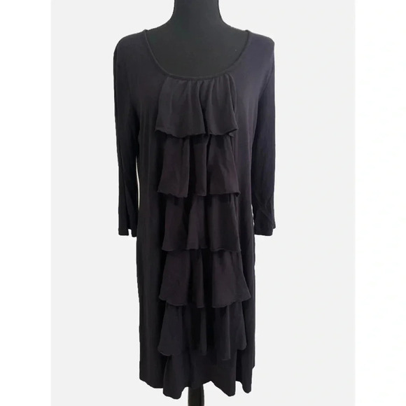 Garnet Hill Tiered Ruffle Knit Dress Size Medium Black Midi Rayon Cotton Stretch - Picture 1 of 11